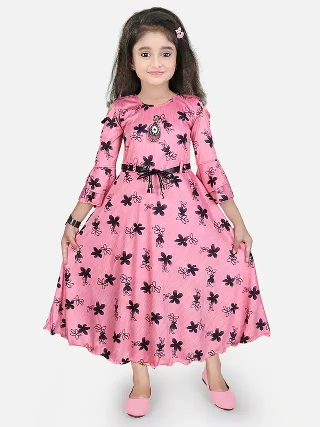 Three Quarter Sleeves Gown for Girls (Pink, 3-4 Years)