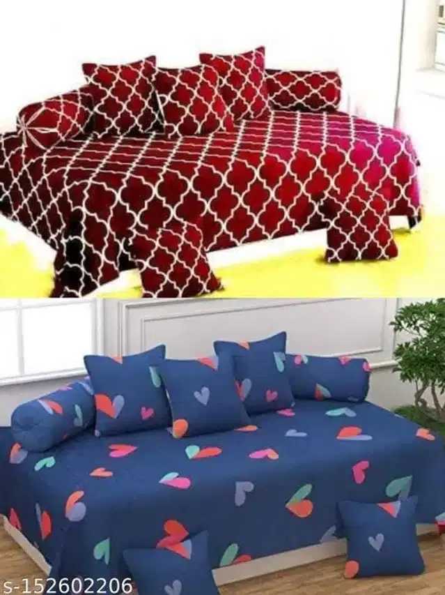 Polycotton Diwan Cover Set, Maroon & Blue, Combo of 2