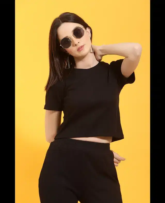 Solid Top & Bottom Set for Women (Black, S)