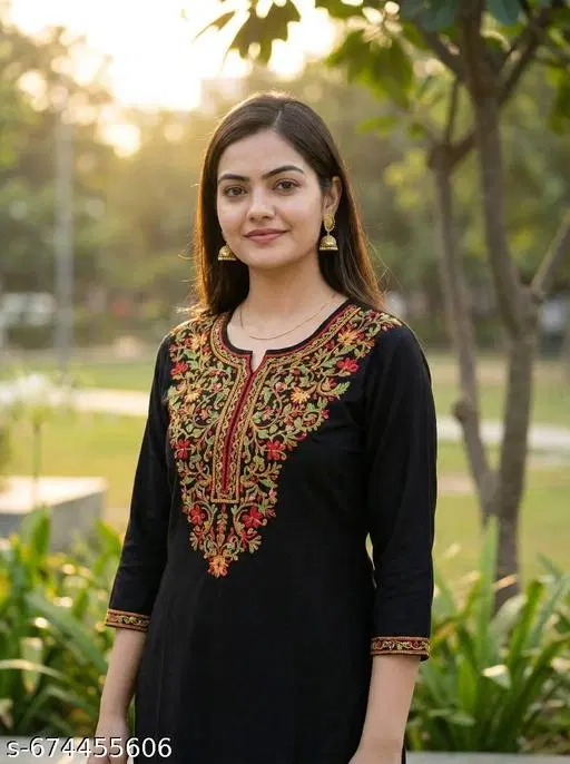 Floral Embroidered Acrylic Kurti for Women (Black, M)