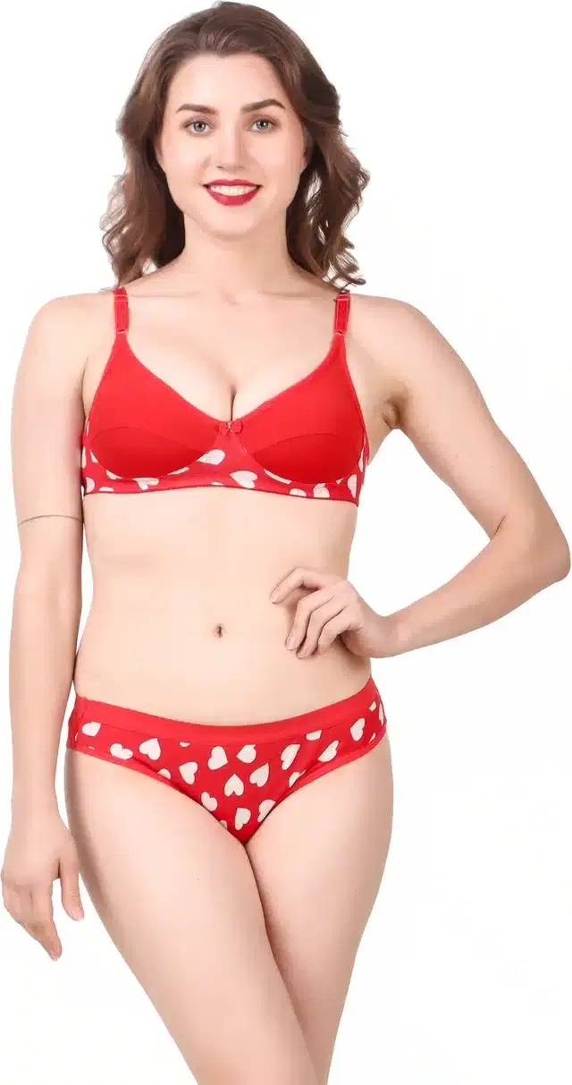 Cotton Blend Lingerie Set for Women (Red, 34)