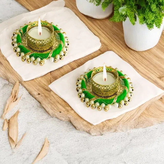 Metal Designer Tealight Candle Holder, Green, 9x8x1.8 cm, Pack of 2