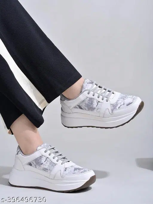 Solid Synthetic Sneakers for Women (Grey, IND-3)