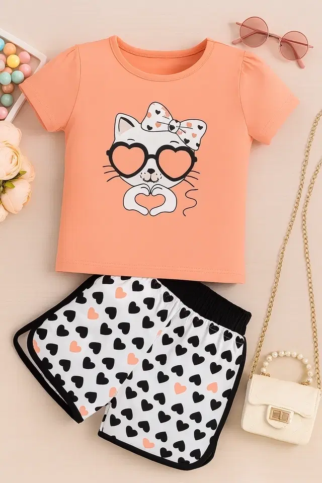Cotton Blend Printed Clothings Set for Girls, Peach (12-18 Months)