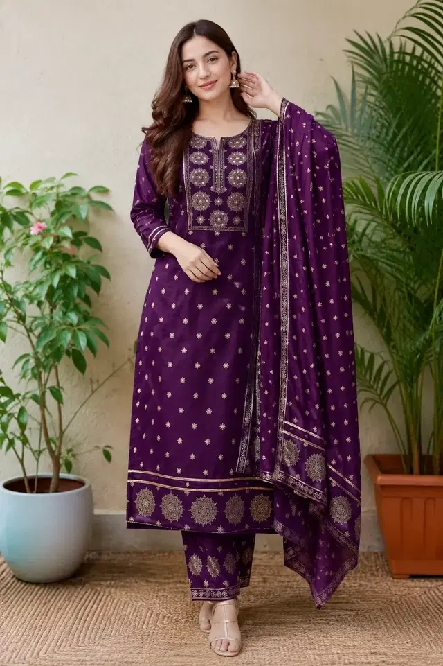 Rayon embroidered Anarkali Kurta Set for Women ( Purple,XXL )