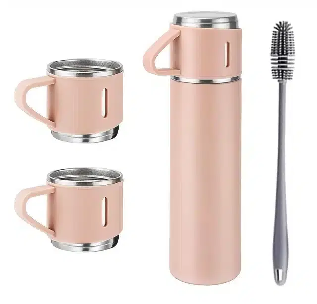 Stainless Steel Water Bottle with 3 Cups & 1 Silicon Brush, Beige, 500 ml, Set of 5