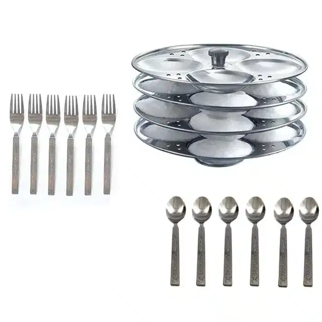 Stainless Steel 6 Steel Chammach,6 Steel fork & Idli Making Stand, Combo of 3