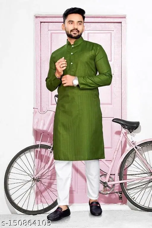 Cotton Blend Striped Kurta Set for Men (S)