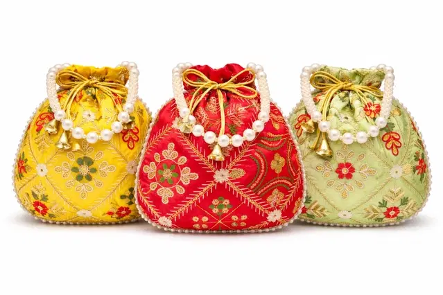 Handcrafted Embroidered Silk Potli Bag, Multicolour, Pack of 2