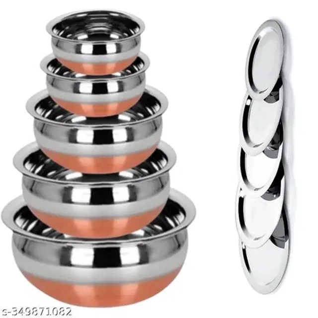 Stainless Steel Copper Bottom Handi Pot Set with Lid, Silver, Set of 5