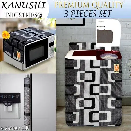 KANUSHI Industries® Microwave / Oven Top Cover With 4 Utility Pockets + 1 Pc Washabl & Dustproof Semi Load Automatic Washing Machine Cover + 1 Pc FRIDGE HANDLE COVER (MICRO+W.M-SEMI+1-HANDLE-BLACK-BOX)