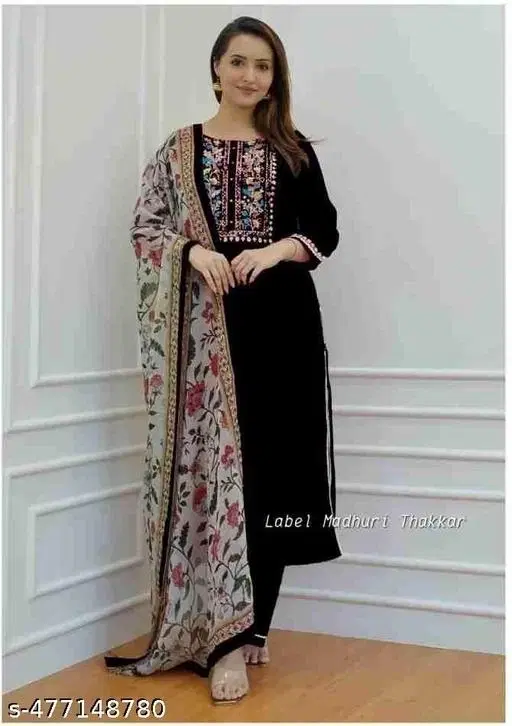 Rayon embroidered A-line Kurta Set for Women ( Black,XXL )