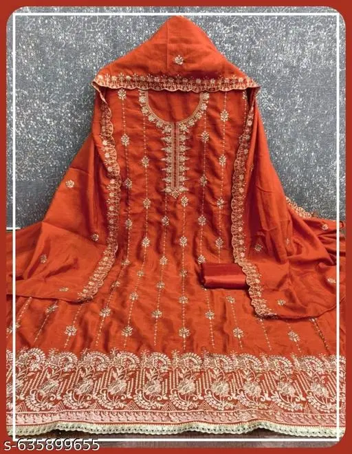 Vichitra Silk Embroidered Punjabi/All Over Suits for Women (Orange, 6.65 meter (XXL)