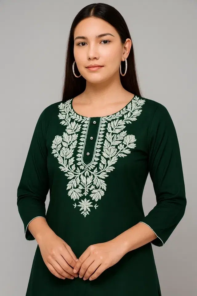 Cotton Embroidered Short Kurti for Women, Green (L)