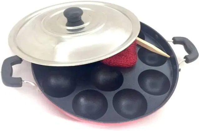 ZODEX 12 Cavities Non Stick Appam Patra with Lid and Side Handle, Multicolor, 21 cm