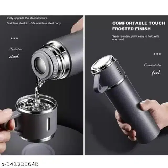 Stainless Steel Water Bottle with 2 Pcs Cups, Black, Set of 2