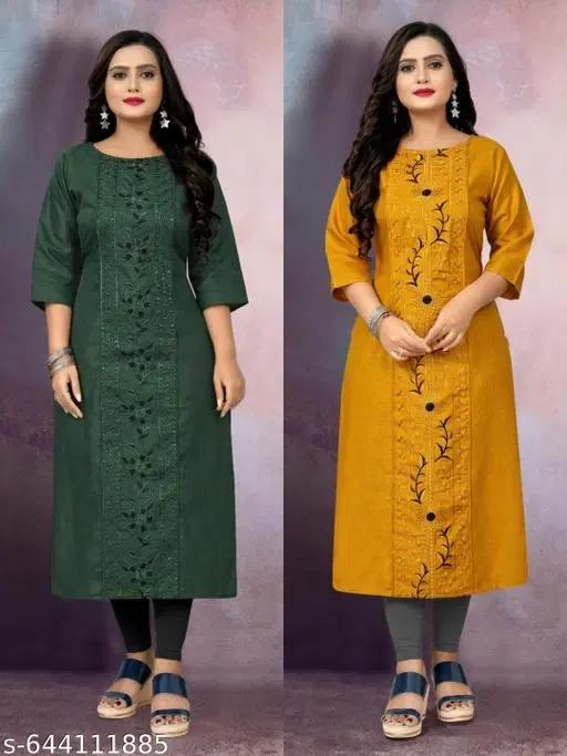 Floral Embroidered Cotton Blend Kurti for Women, Pack of 2 (Green, M)