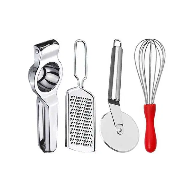 Oc9 Stainless Steel Lemon Squeezer & Cheese Grater & Pizza Cutter & Egg Whisk Kitchen Tool Set, O-83