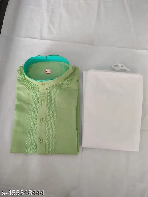 Cotton Solid Kurta Set for Men, Green & White (M)