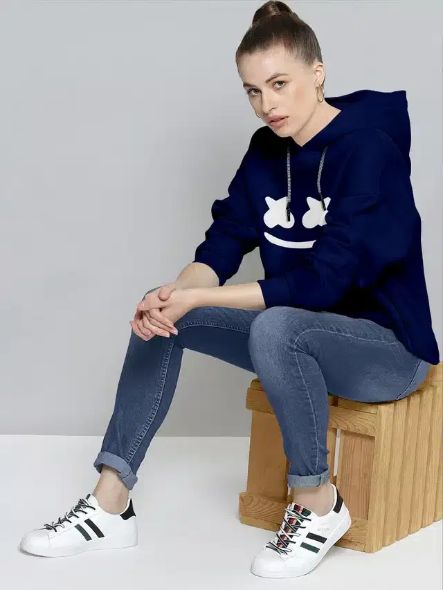 Full Sleeves Printed Hoodie for Women (Navy Blue, S)