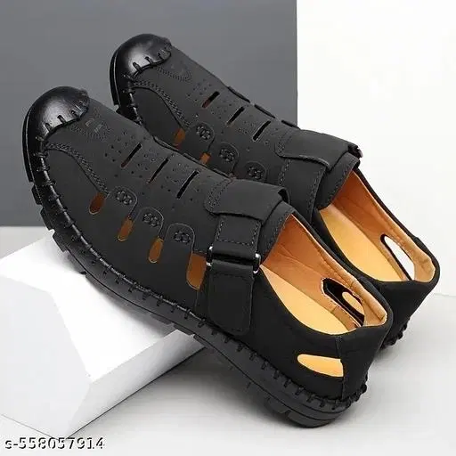 Casual Synthetic Leather Sandals for Men (Black, 6)