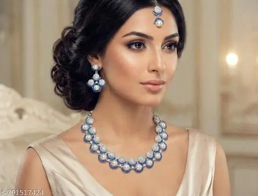 Pearl and Crystal Studded Classy Partywear Necklace Set for Women (Blue, Free Size)