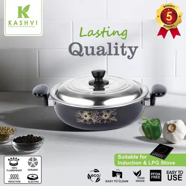 Iron Kadai with Stainless Steel Lid, Black, 3.5 L