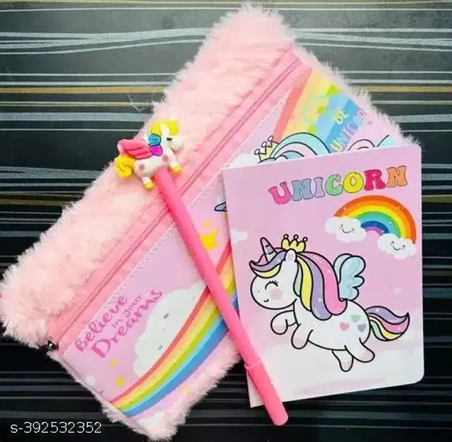 Unicorn Theme Pencil Case with Diary & Pencil, Pink, Set of 3