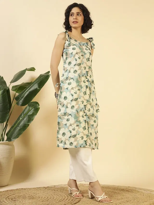 Tie Up Cotton Kurti for Women (Blue, XS)