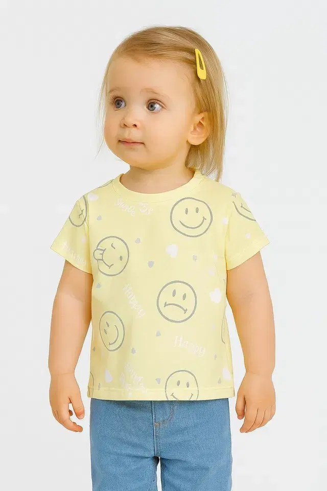 Round Neck Printed T-Shirt for Girls, Yellow (3-4 Years)