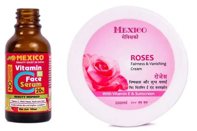 Maxico Herbs Vitamin C Serum (30 ml) with Rose Fairness Cream, Pack of 2