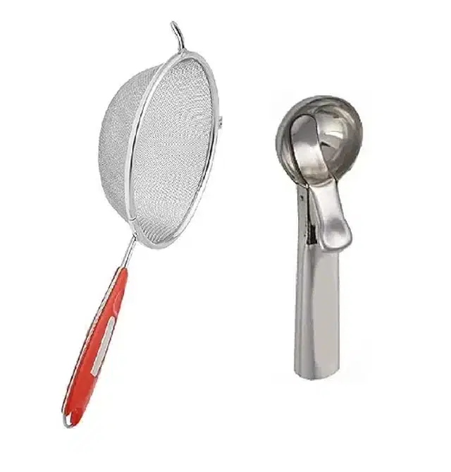 Stainless Steel Ice Cream Scooper with Strainer, Silver, Set of 2