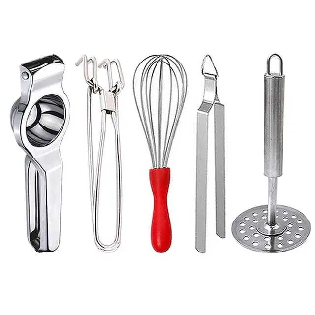 Stainless Steel Lemon Squeezer & Pakkad & Egg Whisk & Roti Chimta & Potato Masher For Kitchen, Set of 5, OC-063