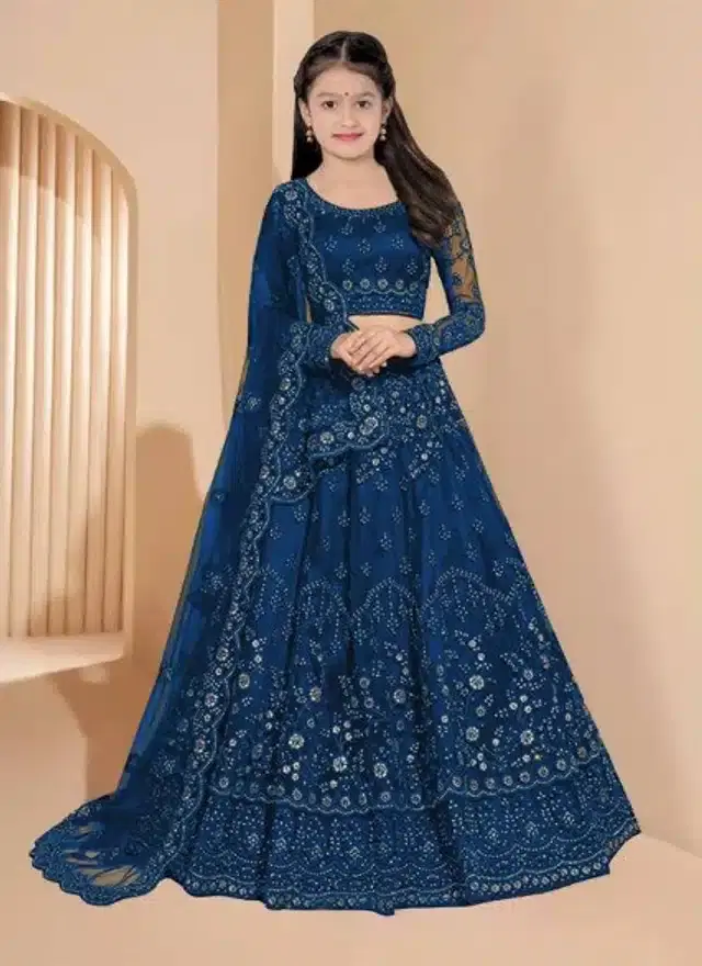Net Embroidered Semi Stitched Lehenga for Girls (Blue, 7-8 Years)