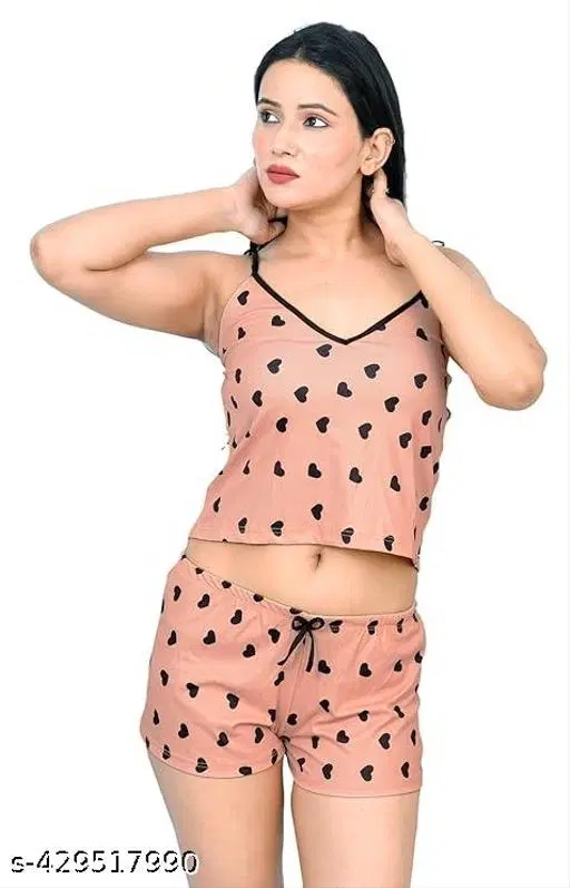 Cotton Blend Printed Night Suit for Women, Peach (L)
