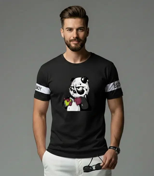 Polyester Printed T-shirt for Men, Black (XL)