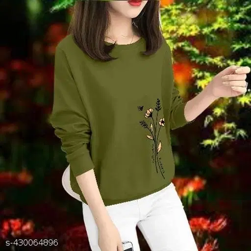 Cotton Printed Sweatshirt for Women (Olive, XS)