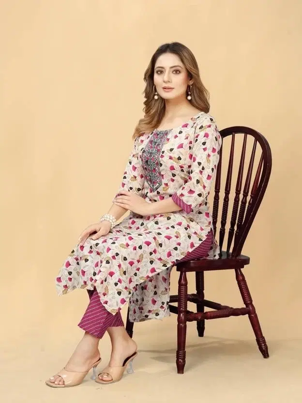 Cotton Printed Women's Kurta with Pant Set, Multicolor (S)