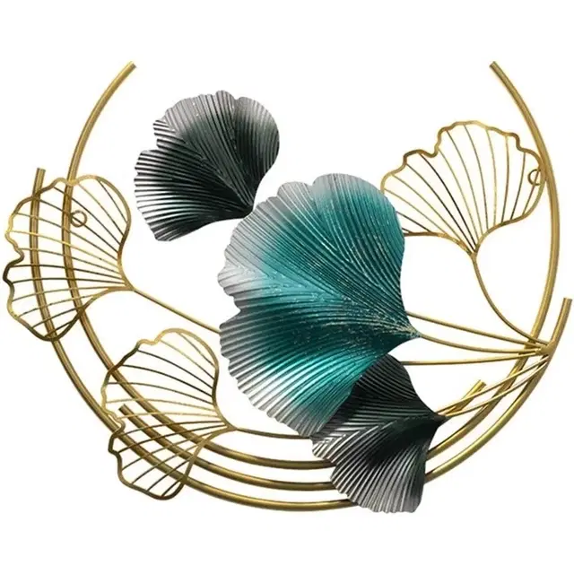 Decorative Hanging Modern Metal Wall Art Teal And Gold Leaf Design 52x44x3.5cm