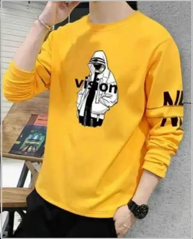 Printed Full Sleeves T-Shirt for Men (Mustard, M)