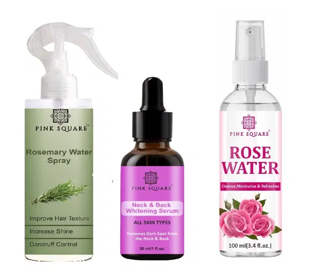 Pink Square Rosemary Hair Spray, 100 ml with Neck & Back Whitening Serum, 30 ml & Rose Water Deep Hydration 100Ml Combo Of 3 Items