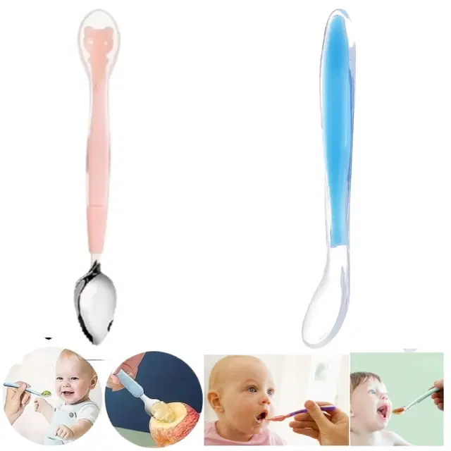 Combo of Silicone Double-Head & Single-Head Feeding Spoon for Baby, Multicolor, Set of 2