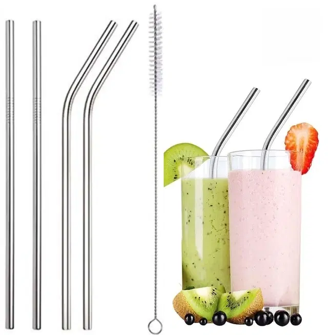 Stainless Steel Reusable Metal Straws, 4 Pcs with Cleaning Brush, Silver, Set of 2