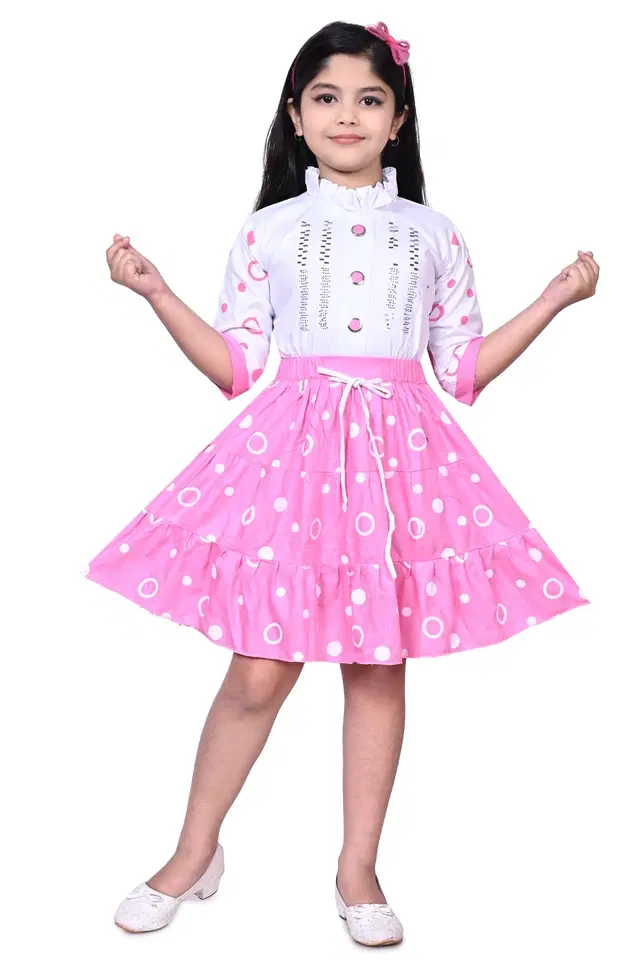 Cotton Printed Frock for Girls (Pink & White, 1-2 Years)