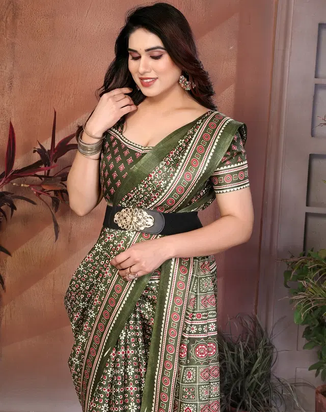 Printed Kalamkari Assam Art Silk Saree with Blouse for Women (Green, Free Size)