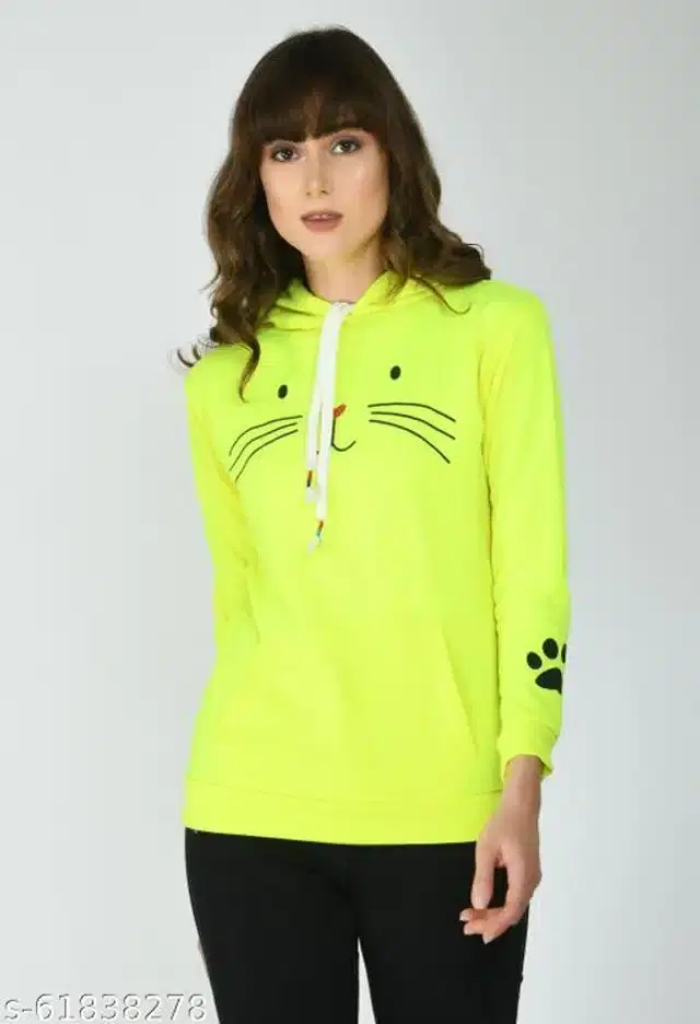 Fleece Printed Full Sleeves Hooded Sweatshirt for Women (Light Green, XS)