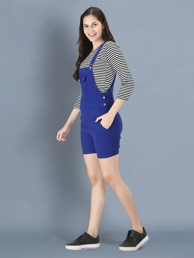 Cotton Blend Striped Jumpsuit for Women (Blue, S)