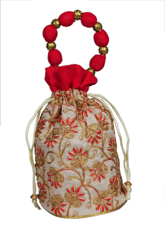 Silk Floral Ethnic Rajasthani Traditional Work Potli with Handle for Return Gifts, Red