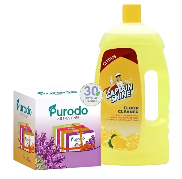 Captain Shine Disinfectant Floor Cleaner 1 L (Citrus) + Purodo Air Freshner Blocks- Lavender, Jasmine, Sandal & Rose (Pack of 4)