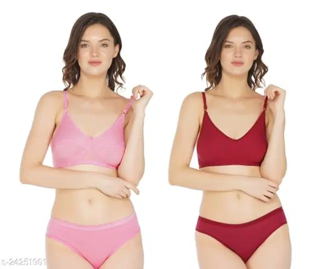 Cotton Blend Solid Lingerie Set for Women, Pack of 2 (Multicolor, 30A)